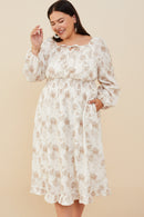 HY8837W Taupe Plus Textured Floral Smocked Waist Dress Side