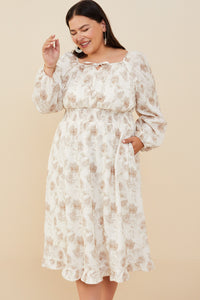 HY8837W Taupe Plus Textured Floral Smocked Waist Dress Side