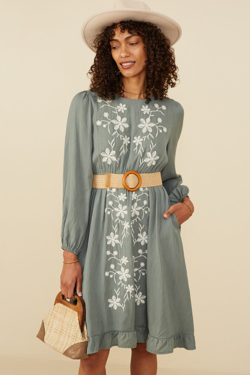 Floral Embroidered Ruffle Hem Dress | Boho Inspired Inclusive Outfits Sage / M Sage *Women's Dresses Casual Dresses Hayden Los Angeles Floral Embroidered Ruffle Hem Dress | Boho Inspired Inclusive Outfits Sage / M Sage *Women's Dresses Casual Dresses Hayden Los Angeles
