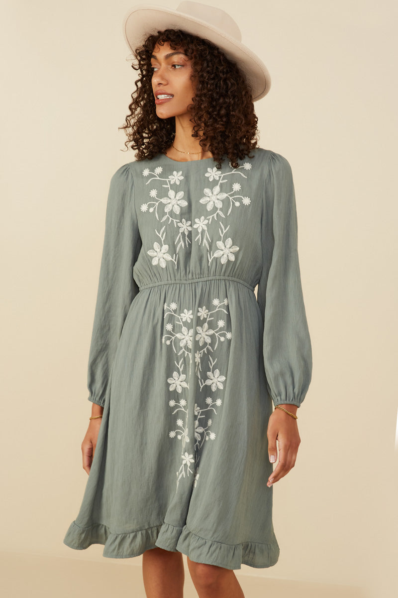 HY8859 Sage Womens Floral Embroidered Ruffle Hem Long Sleeve Dress Back