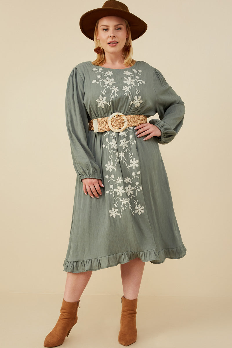 Floral Embroidered Ruffle Hem Dress | Boho Inspired Inclusive Outfits Sage / 1XL Sage *Women's Dresses Casual Dresses Hayden Los Angeles Floral Embroidered Ruffle Hem Dress | Boho Inspired Inclusive Outfits Sage / 1XL Sage *Women's Dresses Casual Dresses Hayden Los Angeles