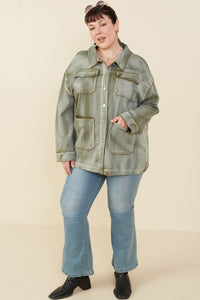 HY8865 Olive Womens Washed Patch Pocket Detail Chore Jacket Back