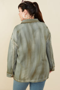 HY8865W Olive Plus Washed Patch Pocket Detail Chore Jacket Full Body