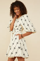 HY8870 Ivory Womens All Over Bow Print Belted Dress Full Body