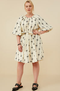 HY8870 Ivory Womens All Over Bow Print Belted Dress Front