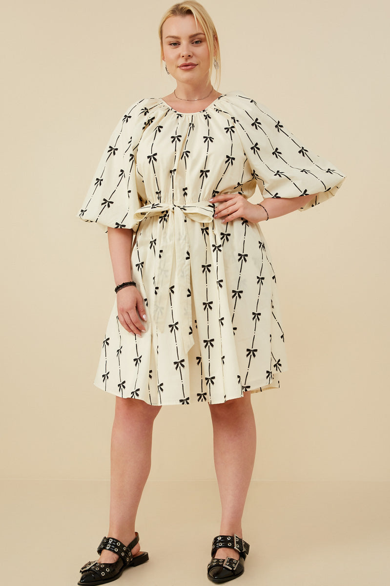 HY8870 Ivory Womens All Over Bow Print Belted Dress Front