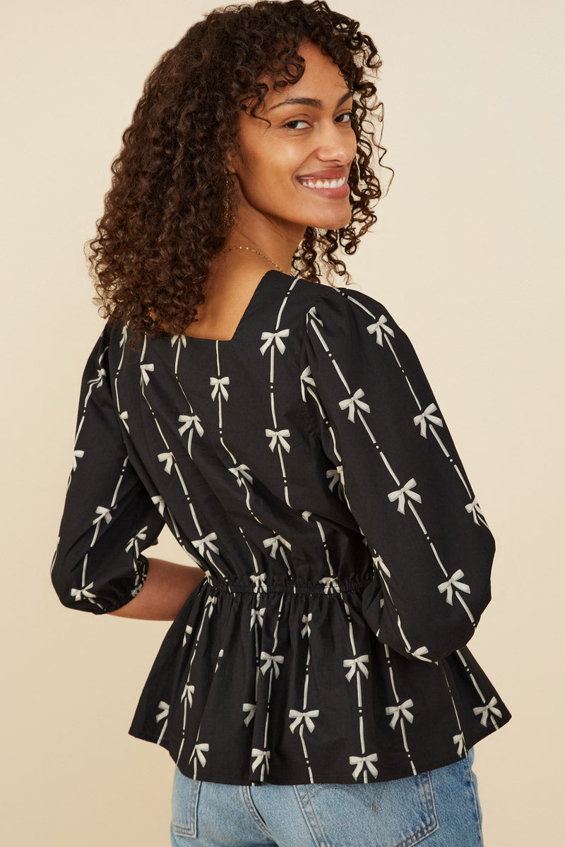 HY8871 Black Womens All Over Bow Print Peplum Top Side