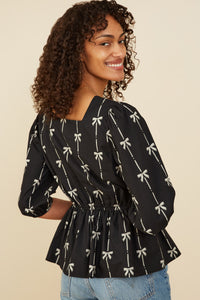 HY8871 Black Womens All Over Bow Print Peplum Top Side
