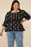 HY8871 Black Womens All Over Bow Print Peplum Top Front