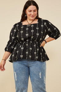 HY8871 Black Womens All Over Bow Print Peplum Top Front