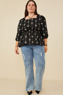 HY8871 Black Womens All Over Bow Print Peplum Top Back