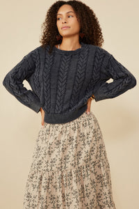 HY8873W Burgundy Plus Cable Knit Washed Pullover Sweater Pose