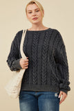 HY8873 Burgundy Womens Cable Knit Washed Pullover Sweater Pose