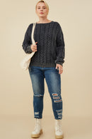 HY8873W Burgundy Plus Cable Knit Washed Pullover Sweater Gif
