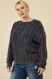 HY8873W Burgundy Plus Cable Knit Washed Pullover Sweater Full Body