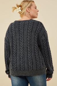 HY8873W Burgundy Plus Cable Knit Washed Pullover Sweater Front