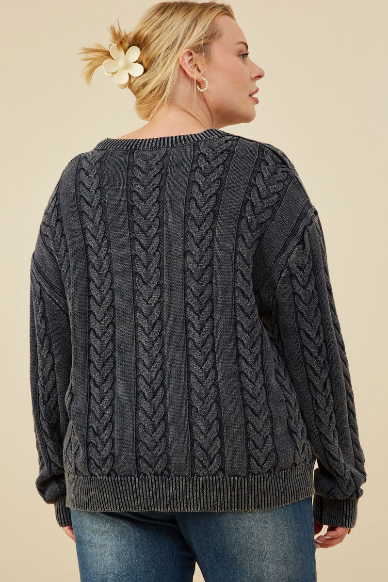 HY8873W Burgundy Plus Cable Knit Washed Pullover Sweater Front