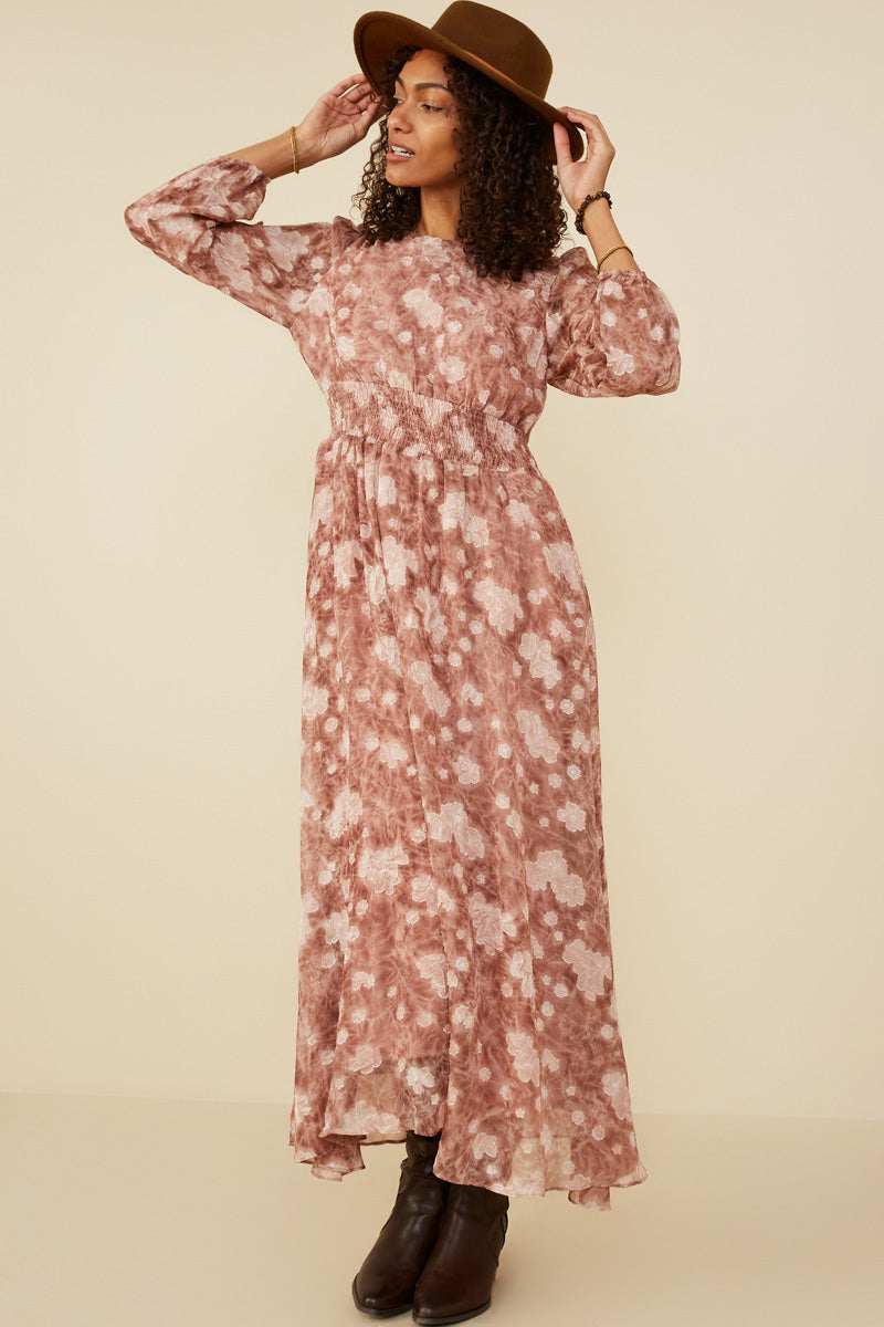 Floral Textured Long Sleeve Maxi Dress | Boho Inspired Inclusive Outfits Brick / L Brick *Women's Dresses Casual Dresses Hayden Los Angeles Floral Textured Long Sleeve Maxi Dress | Boho Inspired Inclusive Outfits Brick / L Brick *Women's Dresses Casual Dresses Hayden Los Angeles