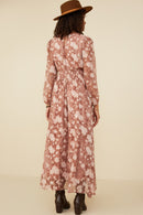 HY8874 Brick Womens Floral Burnout Textured Long Sleeve Maxi Dress Detail