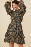 HY8898 Green Womens Pleat Textured Antique Floral Ruffle Detail Dress Front