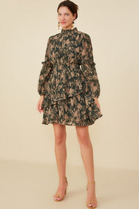 HY8898 Taupe Womens Pleat Textured Antique Floral Ruffle Detail Dress Back