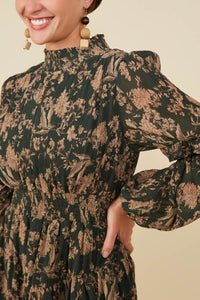 HY8898 Green Womens Pleat Textured Antique Floral Ruffle Detail Dress Front