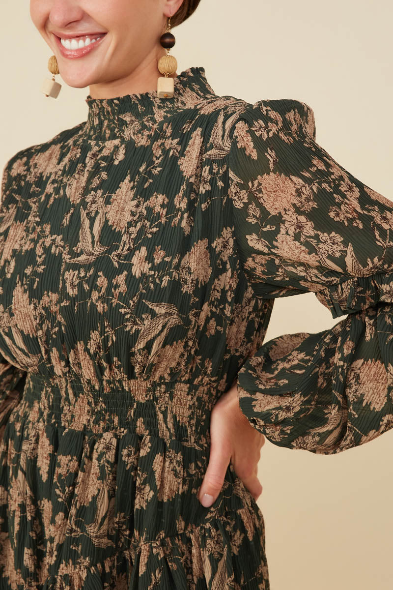 HY8898 Green Womens Pleat Textured Antique Floral Ruffle Detail Dress Front