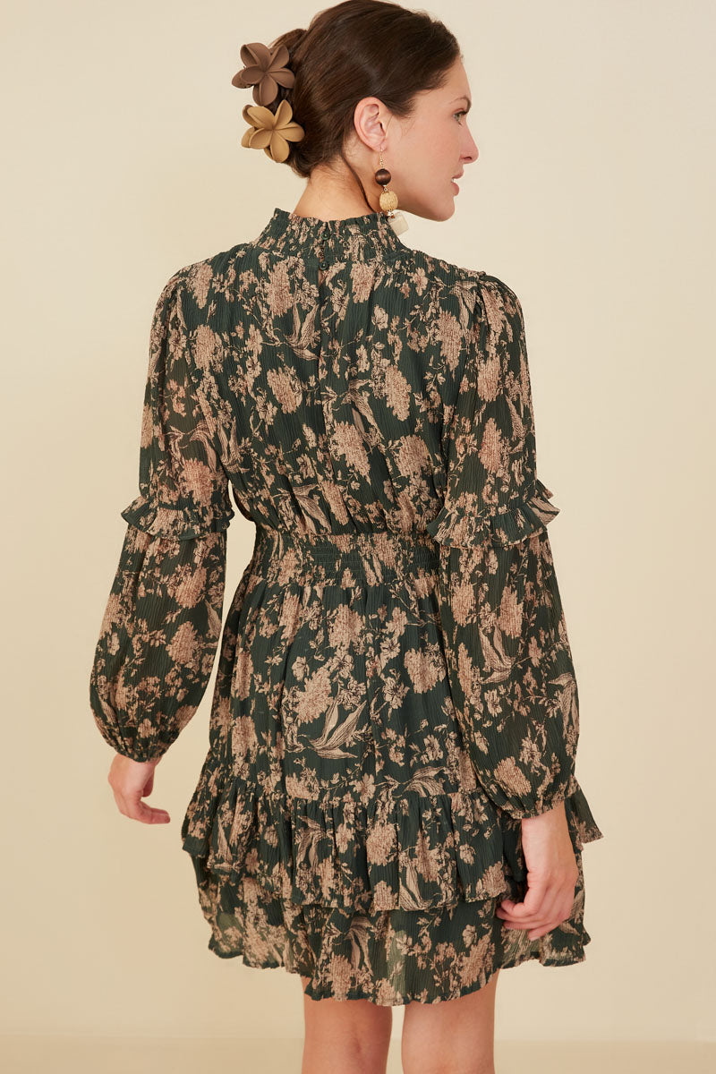 HY8898W Green Plus Pleat Textured Antique Floral Ruffle Detail Dress Front