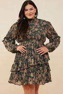 HY8898 Taupe Womens Pleat Textured Antique Floral Ruffle Detail Dress Side