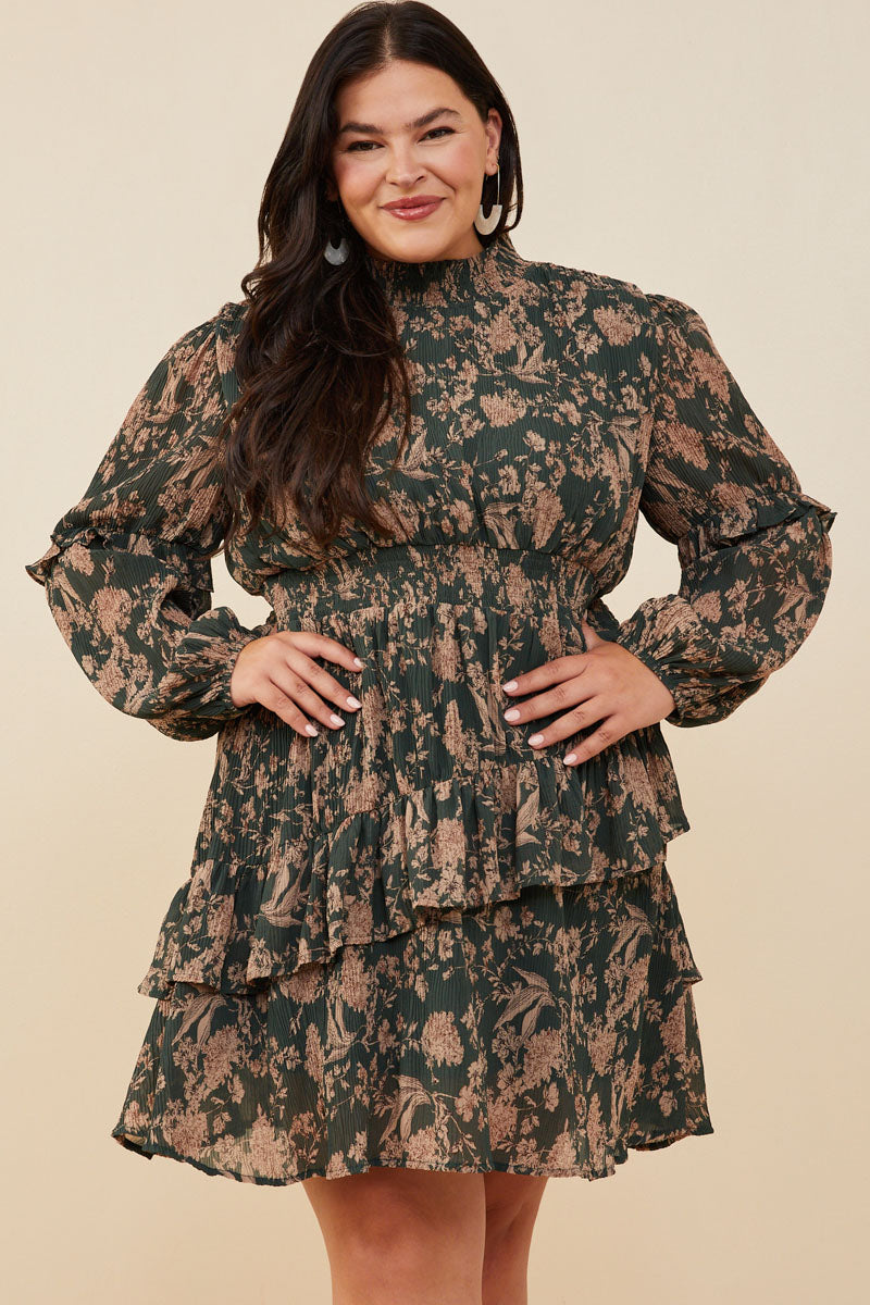 Pleat Textured Antique Floral Ruffle Detail Dress