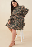 HY8898 Green Womens Pleat Textured Antique Floral Ruffle Detail Dress Back