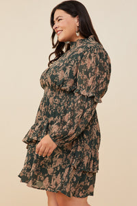 HY8898 Green Womens Pleat Textured Antique Floral Ruffle Detail Dress Ful Body