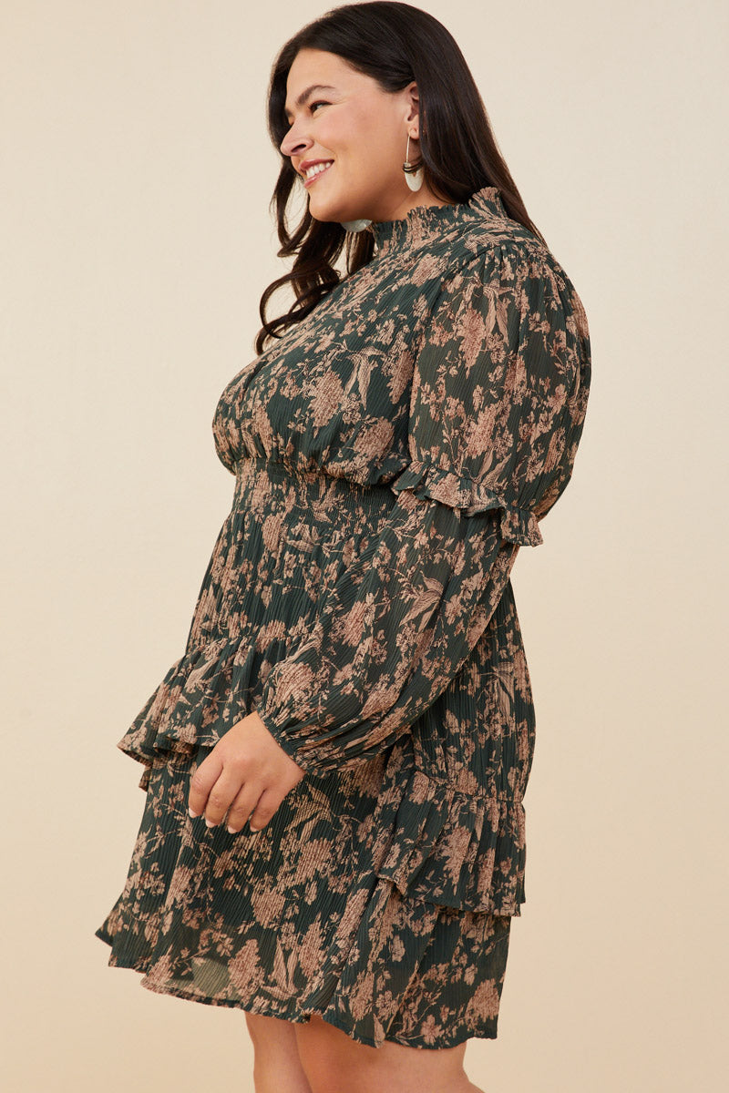 HY8898 Green Womens Pleat Textured Antique Floral Ruffle Detail Dress Ful Body