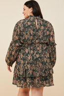 HY8898 Green Womens Pleat Textured Antique Floral Ruffle Detail Dress Detail