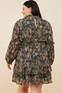 HY8898 Green Womens Pleat Textured Antique Floral Ruffle Detail Dress Detail