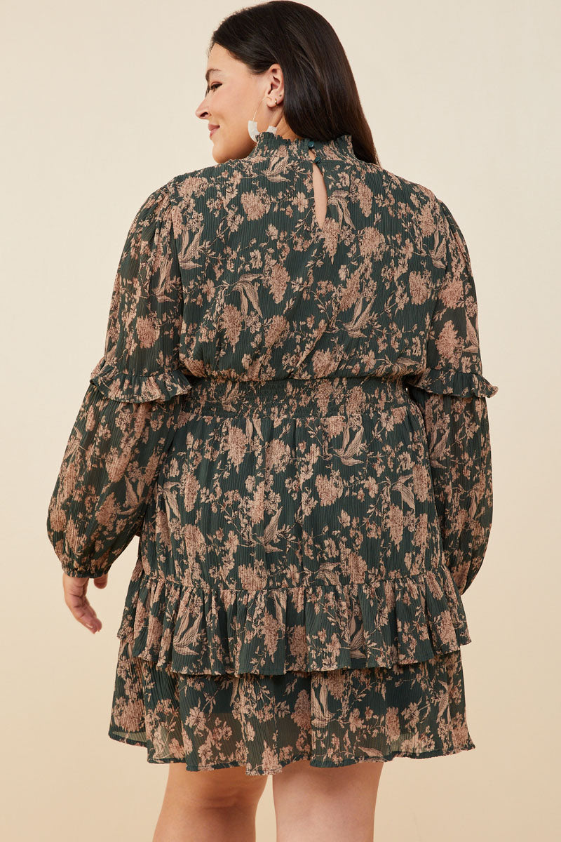 HY8898 Green Womens Pleat Textured Antique Floral Ruffle Detail Dress Detail