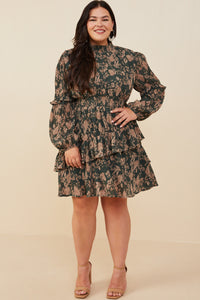 HY8898 Green Womens Pleat Textured Antique Floral Ruffle Detail Dress Back