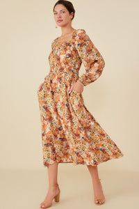 HY8899 Taupe Womens Floral Fruit Print Gathered Waist Dress Full Body