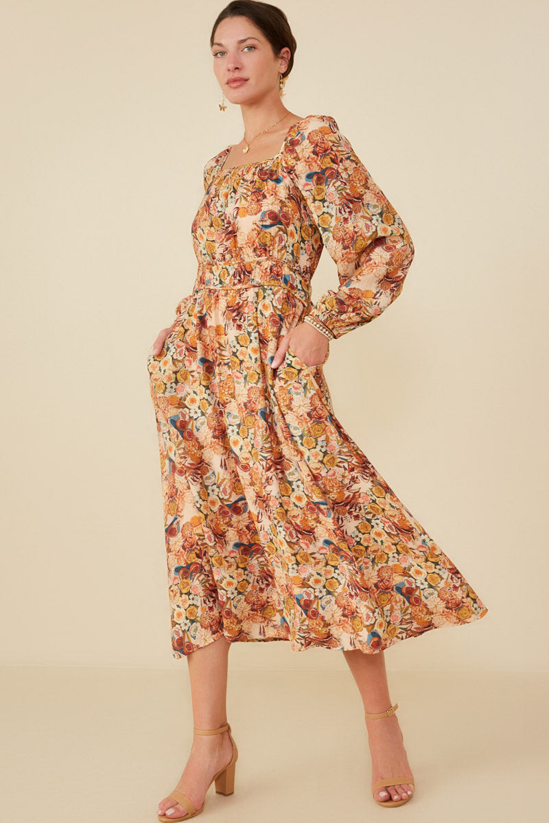 Floral Fruit Print Gathered Waist Dress