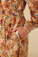 HY8899 Taupe Womens Floral Fruit Print Gathered Waist Dress Front