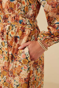 HY8899 Taupe Womens Floral Fruit Print Gathered Waist Dress Front