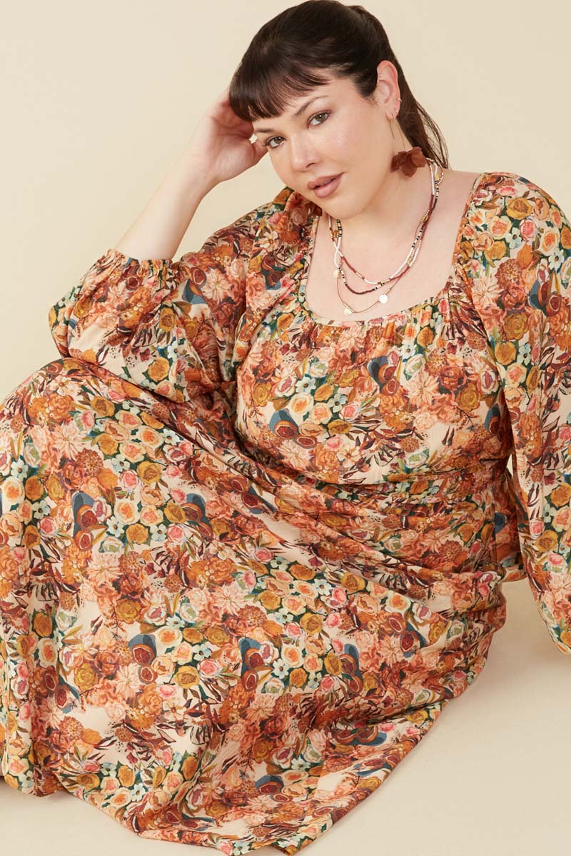 Floral Fruit Print Gathered Waist Dress