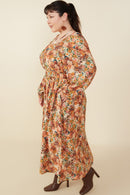 HY8899W Taupe Plus Floral Fruit Print Gathered Waist Dress Gif