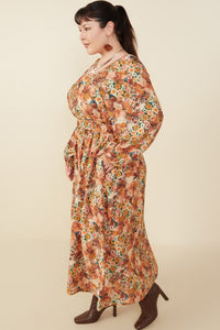 HY8899W Taupe Plus Floral Fruit Print Gathered Waist Dress Gif