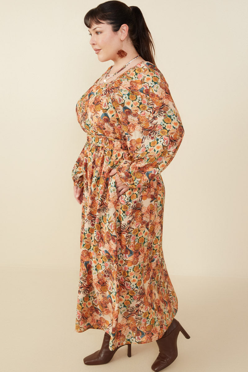 HY8899W Taupe Plus Floral Fruit Print Gathered Waist Dress Gif