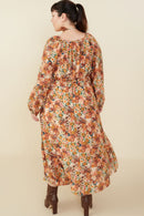 HY8899W Taupe Plus Floral Fruit Print Gathered Waist Dress Front