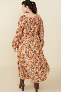 HY8899W Taupe Plus Floral Fruit Print Gathered Waist Dress Front