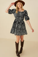 HY8908 Black Womens Eyelet Embroidered Puff Sleeve Scallop Hem Dress Gif