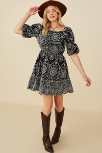 HY8908 Black Womens Eyelet Embroidered Puff Sleeve Scallop Hem Dress Gif