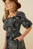 HY8908 Black Womens Eyelet Embroidered Puff Sleeve Scallop Hem Dress Full Body